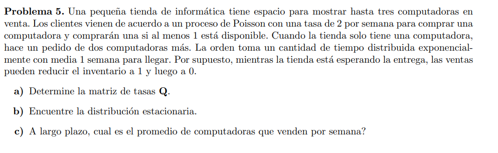 Problema 5. Una pequeña tienda de informática tiene espacio para mostrar hasta tres computadoras en venta. Los clientes viene