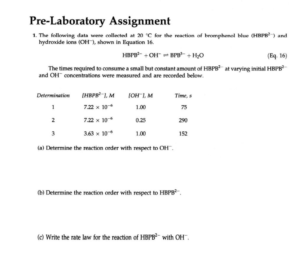 Solved Pre-Laboratory Assignment 1. The Following Data Were | Chegg.com