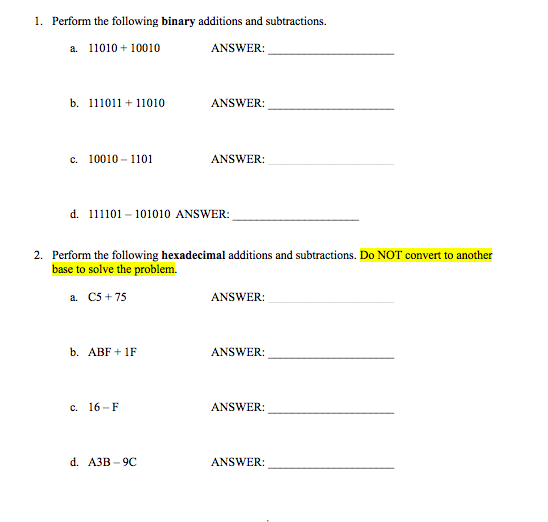 Solved 1 Perform The Following Binary Additions And Subt Chegg Com