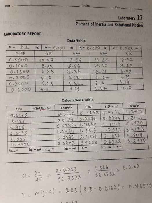 Solved Section Name Date Laboratory Moment of Inertia and