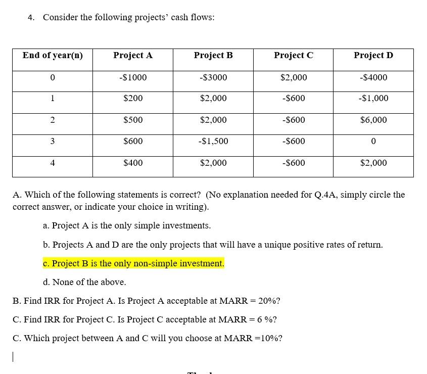 Solved 4. Consider The Following Projects' Cash Flows: A. | Chegg.com