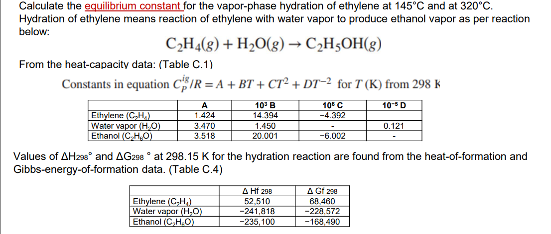 Calculate the equilibrium constant for the vapor-phase hydration of ethylene at \( 145^{\circ} \mathrm{C} \) and at \( 320^{\