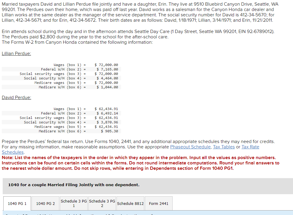 Solved Married Taxpayers David And Lillian Perdue File | Chegg.com