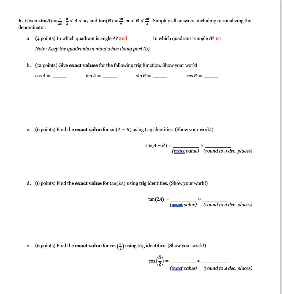 Solved 6. Given sin(A) = x | Chegg.com