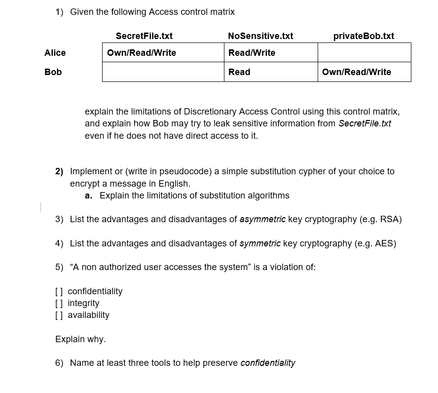 Solved 1) Given the following Access control matrix private | Chegg.com