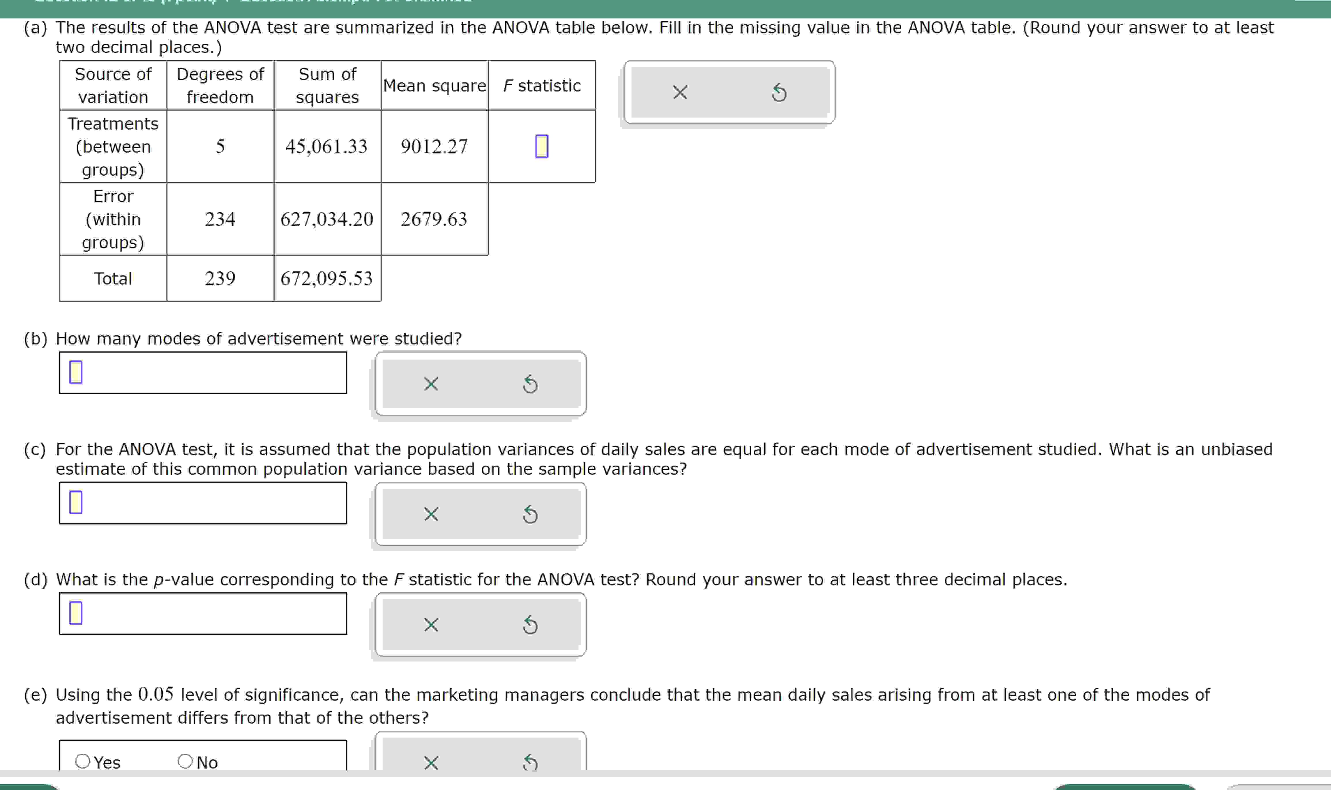 Solved (a) ﻿The results of the ANOVA test are summarized in | Chegg.com