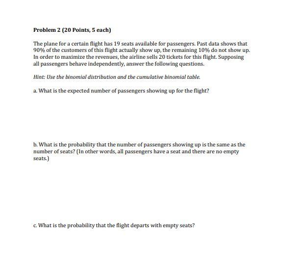 Solved Problem 2 (20 Points, 5 each) The plane for a certain | Chegg.com