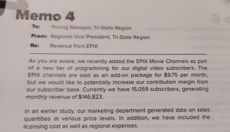 Memo 4 to: pricing manager, tri-state region from: regional vice president, tri-state region re: revenue from epix as you are