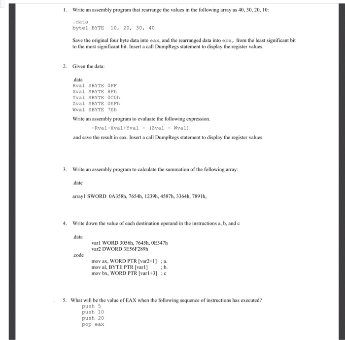 Solved Write an assembly program that rearrange the values | Chegg.com