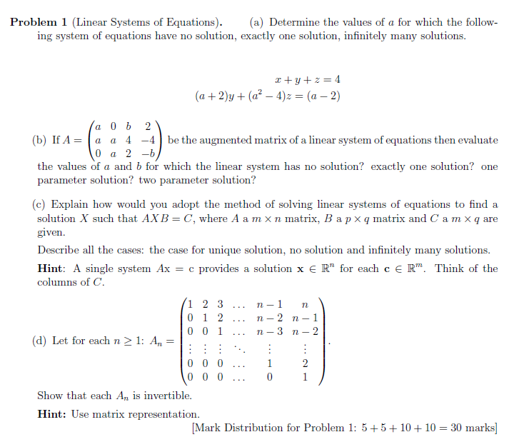 Solved Problem 1 (Linear Systems Of Equations). (a) | Chegg.com