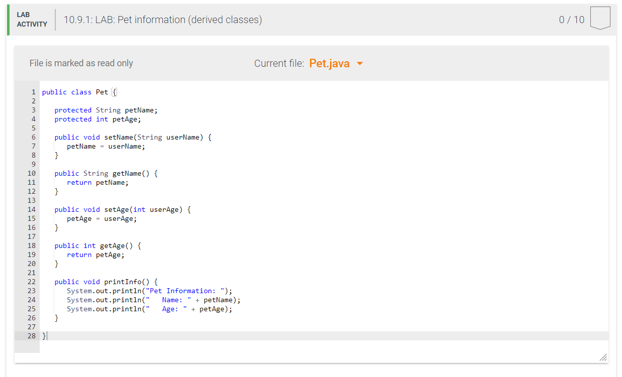 Solved 10.9 LAB Pet Information (derived Classes) The Ba...