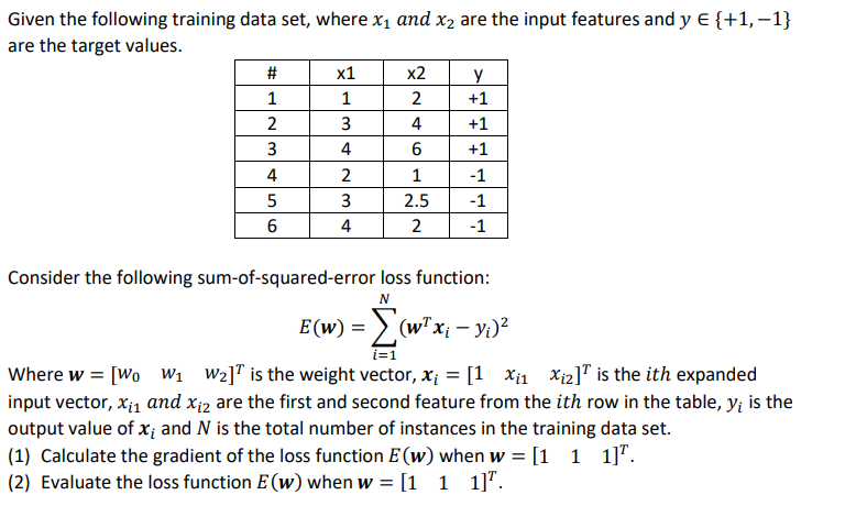 Solved Given the following training data set, where xı and | Chegg.com
