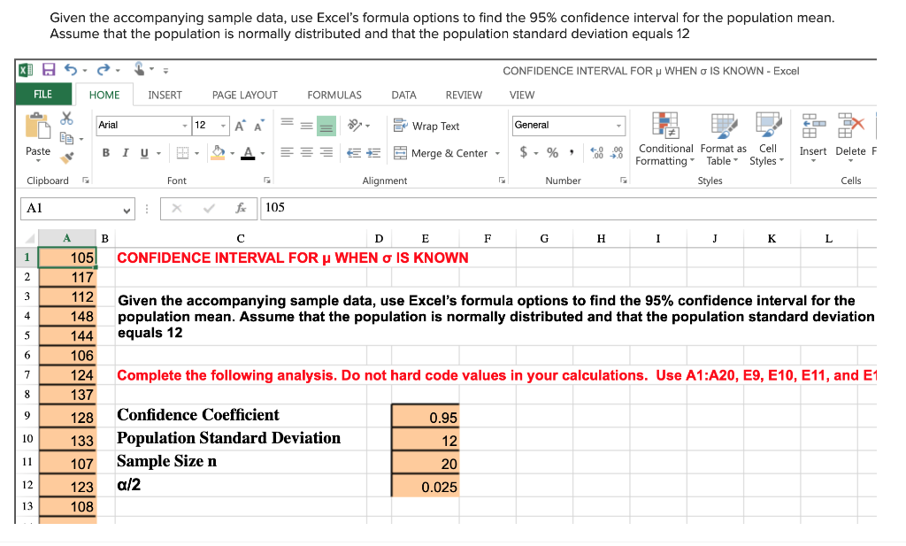 Given the accompanying sample data, use Excel's | Chegg.com