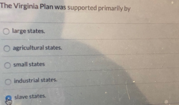 The Virginia Plan was supported primarily by O large | Chegg.com