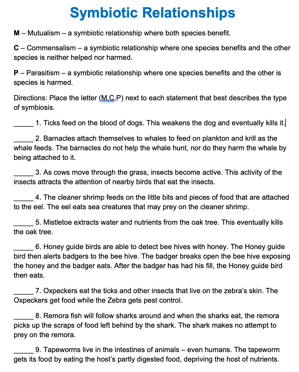 Solved Symbiotic Relationships M - Mutualism - a symbiotic  Chegg.com With Symbiotic Relationships Worksheet Good Buddies