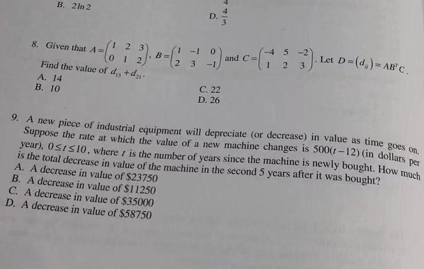 Solved B. 2 In 2 ++ D. . Co B- 8. Given That A= 1 2 3 1 2 | Chegg.com