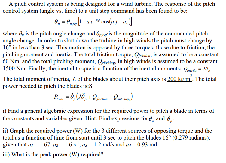 Solved A pitch control system is being designed for a wind | Chegg.com