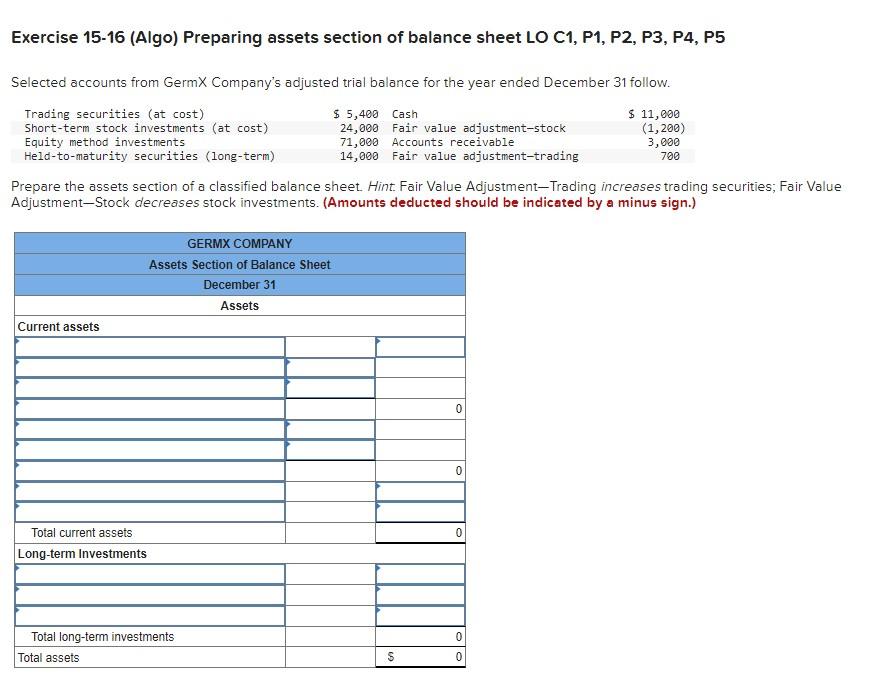 Solved Exercise 15-16 (algo) Preparing Assets Section Of 