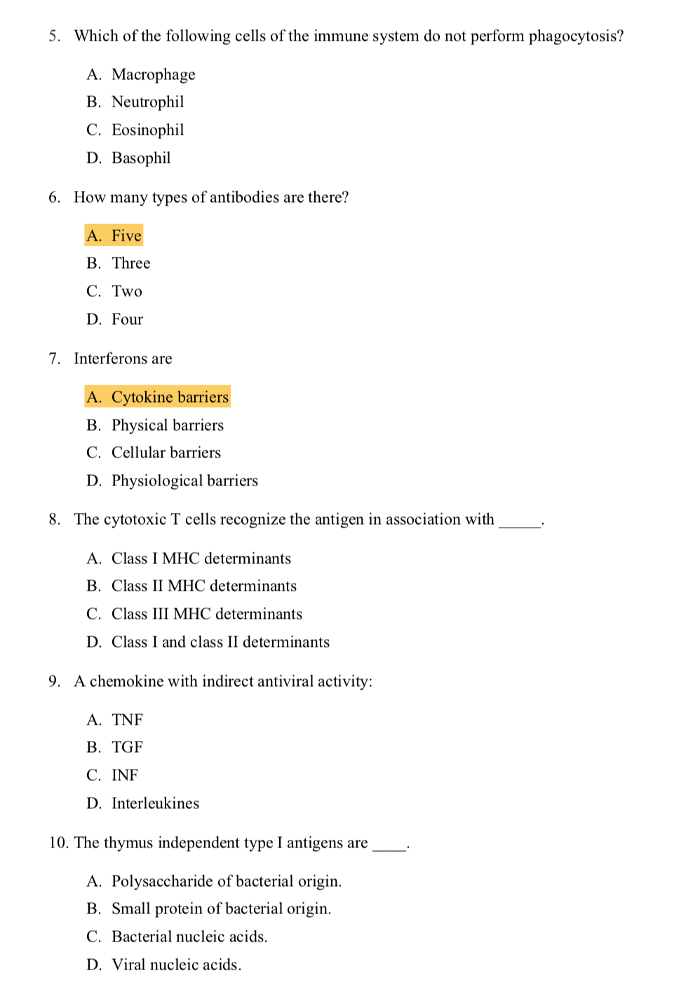 Solved 5. Which of the following cells of the immune system