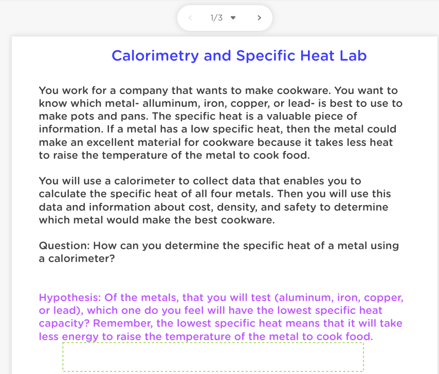 1/3 > Calorimetry and Specific Heat Lab You work for