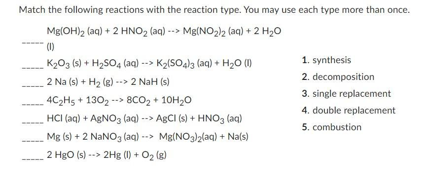 Solved Match the following reactions with the reaction type. | Chegg.com