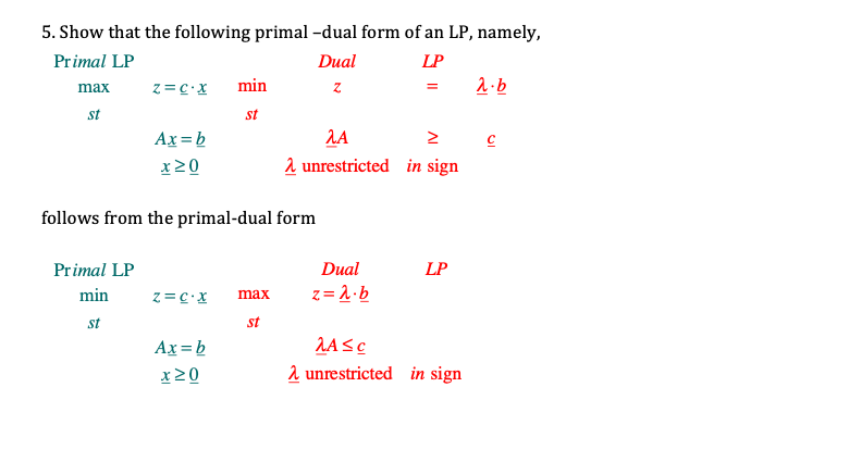 Solved 5. Show that the following primal-dual form of an LP, | Chegg.com