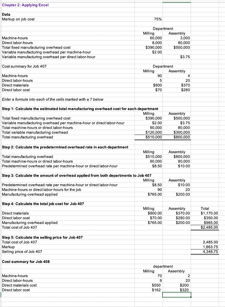 Solved Chapter 2: Applying Excel Data Markup On Job Cost 75% 