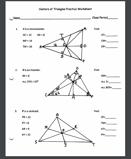 Solved Centers Of Triangles Practice Worksheet Name Class Chegg