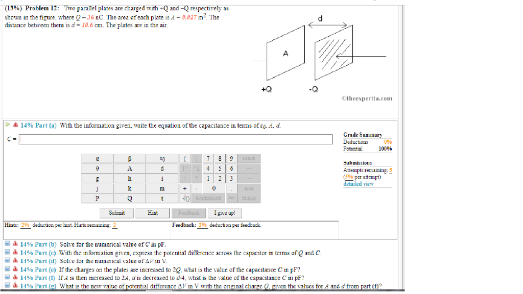 Solved (13%) Problem 12: Two parallel plates are charged | Chegg.com