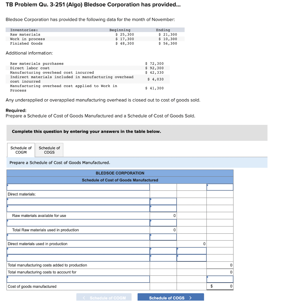 Solved TB Problem Qu. 3-251 (Algo) Bledsoe Corporation has | Chegg.com