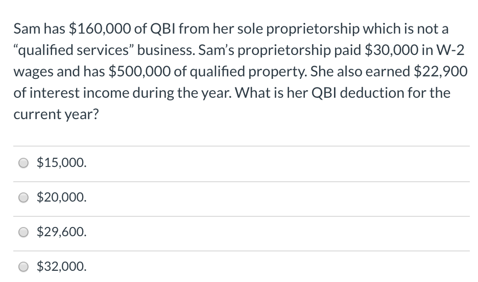 Solved Sam has 160,000 of QBI from her sole proprietorship