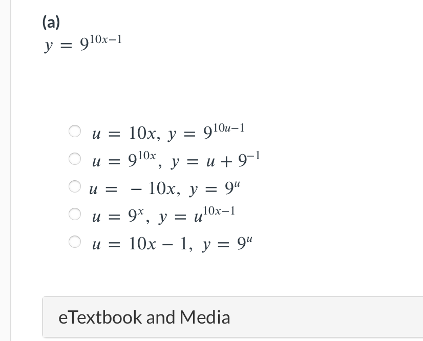 (a) \[ y=9^{10 x-1} \] \[ \begin{array}{l} u=10 x, y=9^{10 u-1} \\ u=9^{10 x}, y=u+9^{-1} \\ u=-10 x, y=9^{u} \\ u=9^{x}, y=u