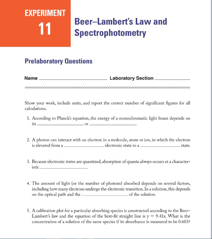 Solved BeerLambert's Law and Spectrophotometry