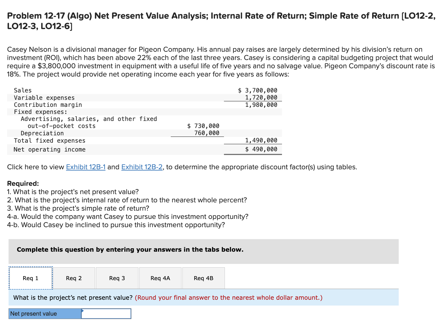 Solved Problem 12-17 (Algo) Net Present Value Analysis; | Chegg.com