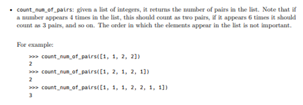 Solved • count_nun_of_pairs: given a list of integers, it | Chegg.com