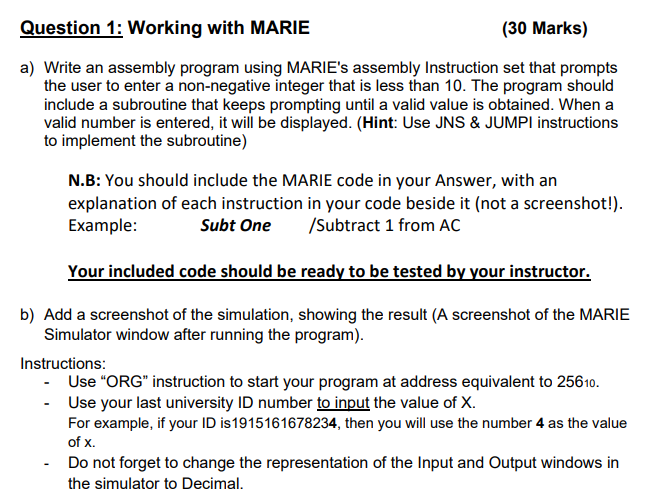 Solved Question 1: Working with MARIE (30 Marks) a) Write an | Chegg.com