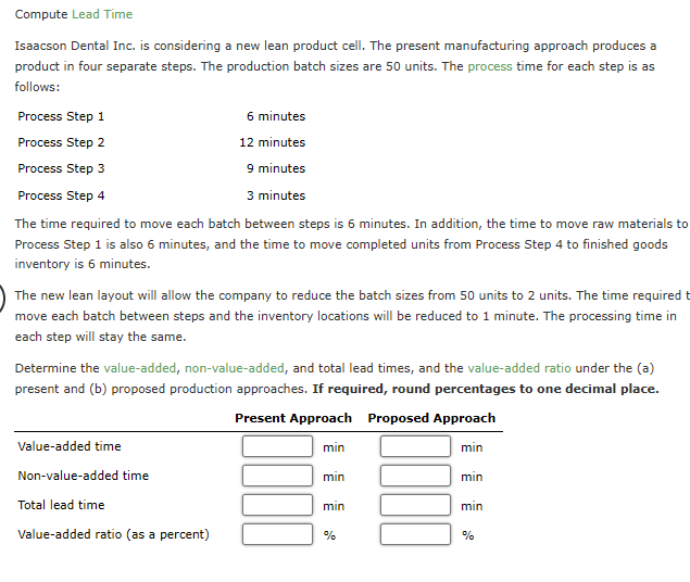 Compute Lead Time
Isaacson Dental Inc. is considering a new lean product cell. The present manufacturing approach produces a 
