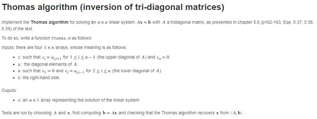 Solved Thomas algorithm (inversion of tri-diagonal matrices) | Chegg.com