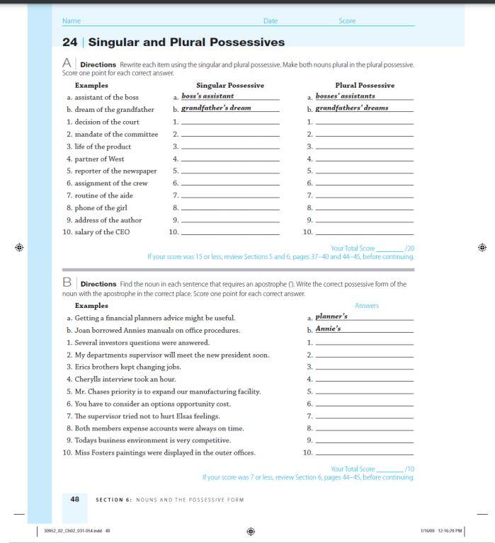 Student S Name: - Date: - Score: Grammar 1 Possessive 'S: Singular and  Plural Write The Apostrophe (') in The Correct Position, PDF