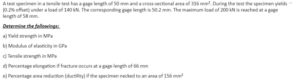 Solved A test specimen in a tensile test has a gage length | Chegg.com