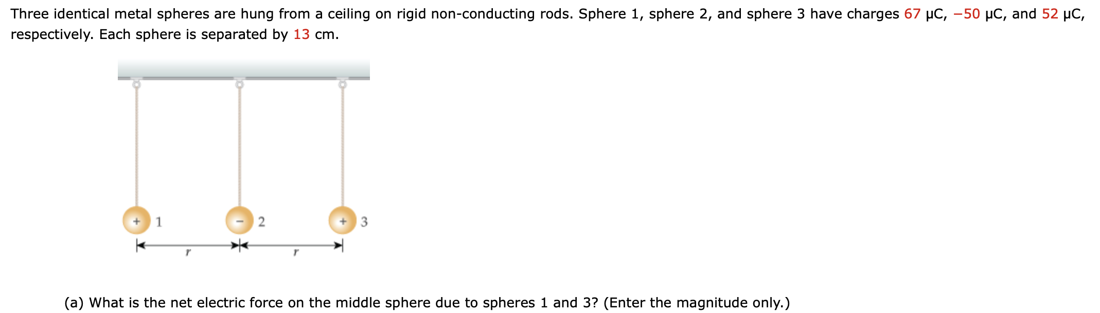Solved Three identical metal spheres are hung from a ceiling