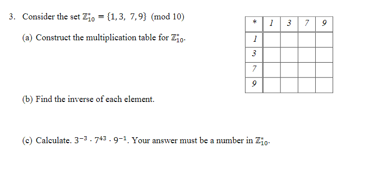 Solved 3. Consider the set Zio = {1, 3, 7,9} (mod 10) = 1 3 | Chegg.com