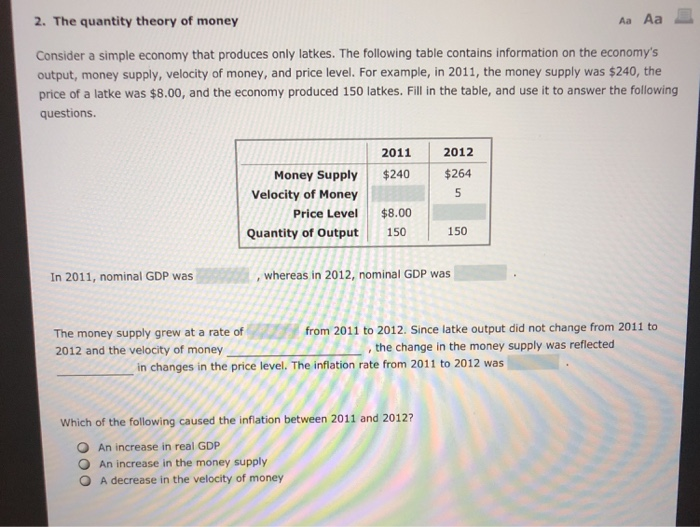 Solved 2. The quantity theory of money Aa Aa Consider a | Chegg.com