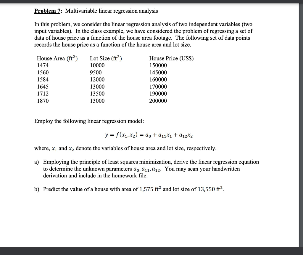 Solved Problem 7: Multivariable linear regression analysis | Chegg.com