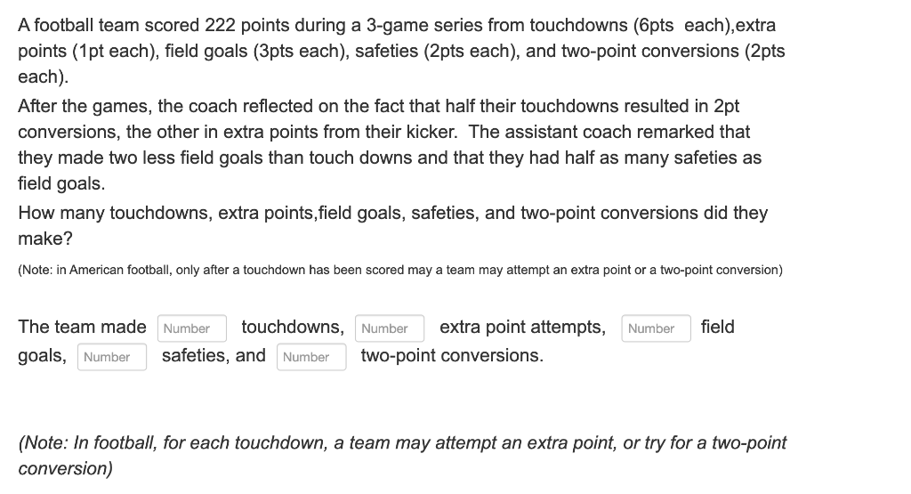 Solved A football team scored 222 points during a 3-game | Chegg.com