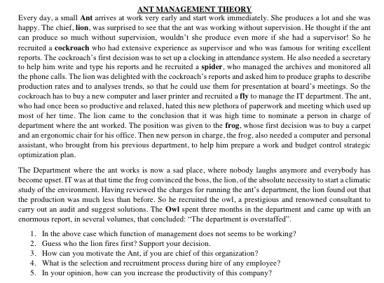 Solved ANT MANAGEMENT THEORY Every day, a small Ant arrives | Chegg.com
