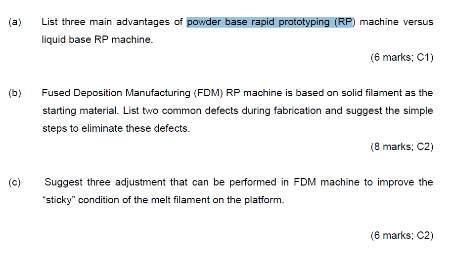 Solved (a) a List three main advantages of powder base rapid | Chegg.com