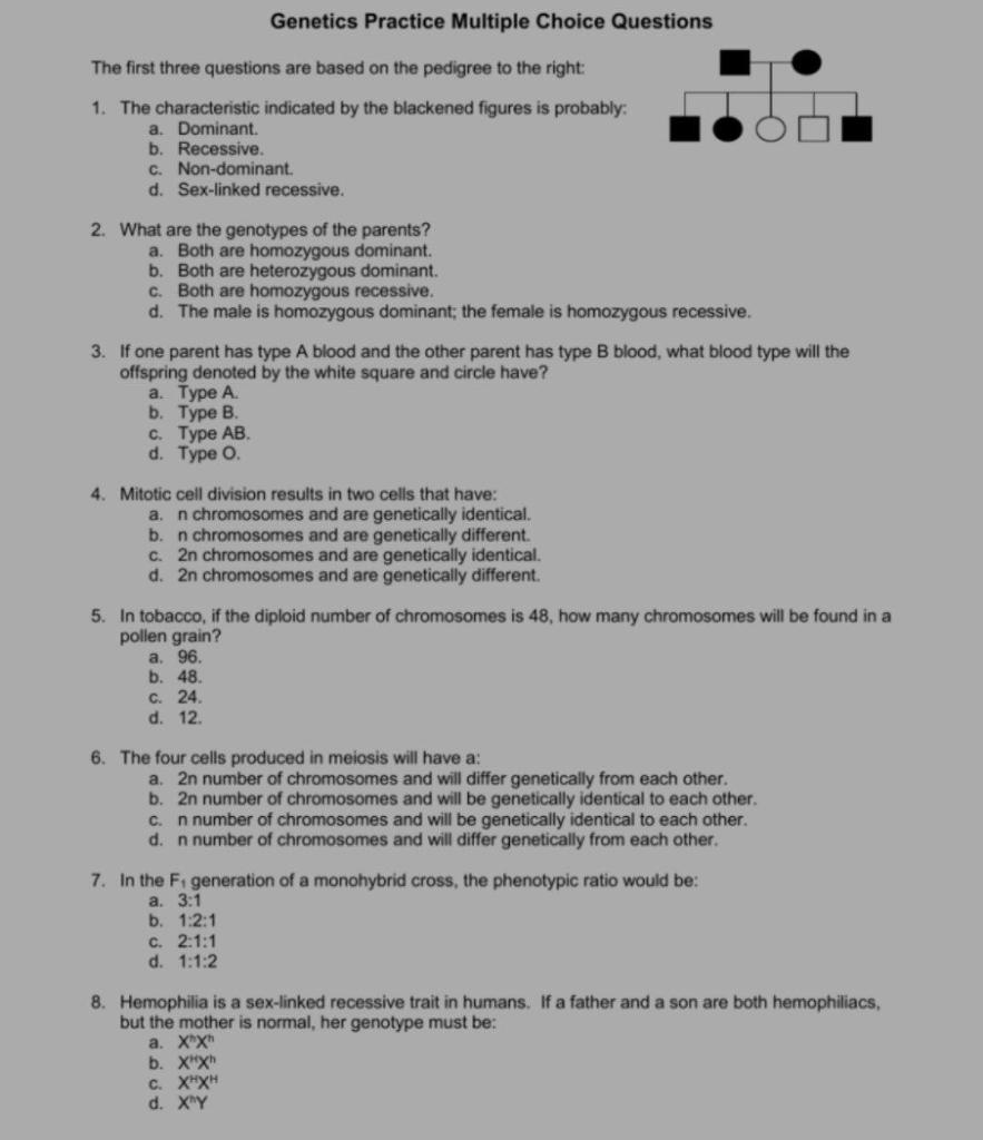 Solved Genetics Practice Multiple Choice Questions The First | Chegg.com