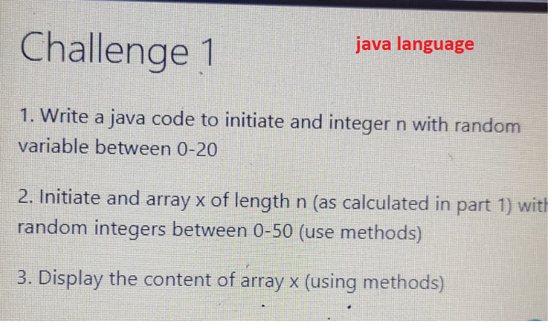 Solved Challenge 1 java language 1. Write a java code to | Chegg.com