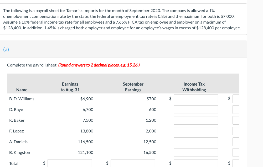 Solved The following is a payroll sheet for Tamarisk Imports